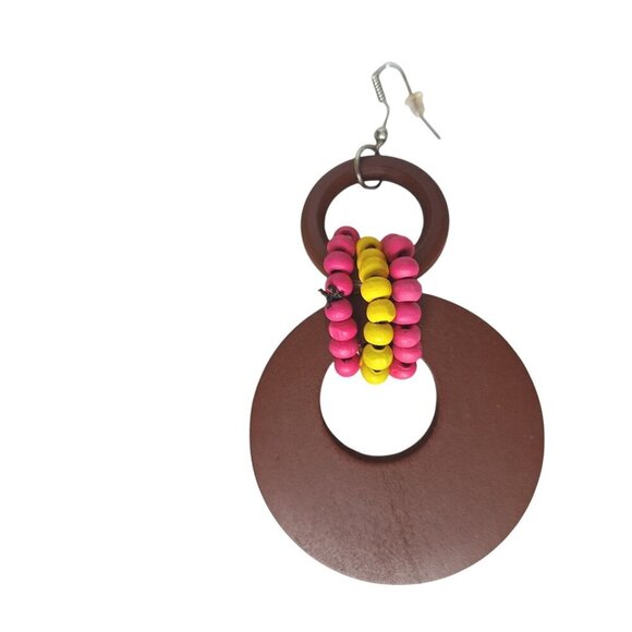 Chunky Brown Wooden Beaded Boho Beach Jamaican Dangle Earrings Costume Jewelry - Picture 2 of 4